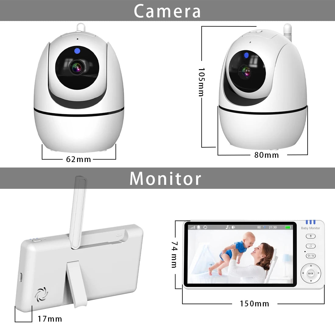 Babyphone avec caméra IPS 5 pouces, fonction panoramique et inclinaison, batterie 3500 mAh