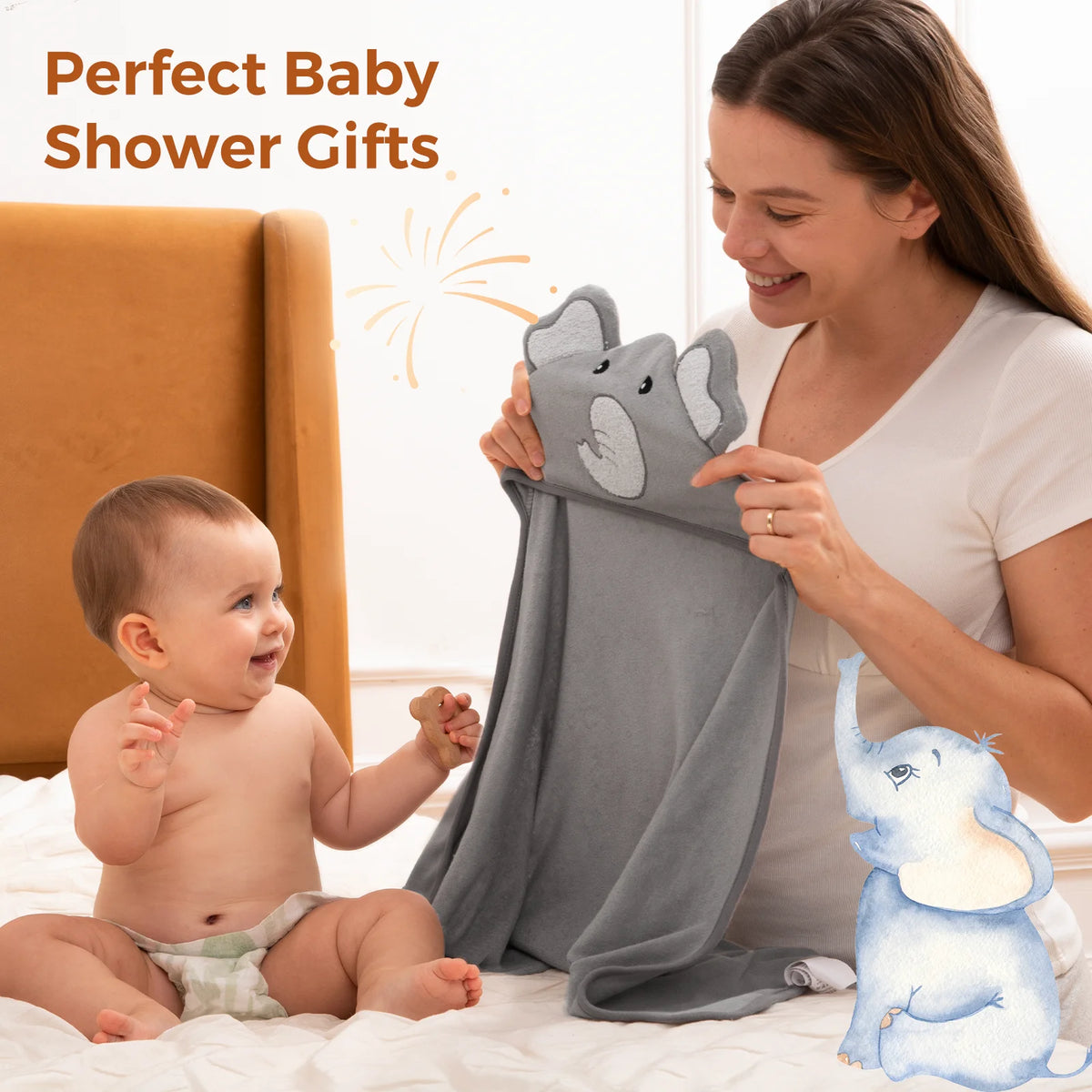 Momcozy Elephant Hooded Baby Towel Set – 8-Piece Bath Essentials, Towels & Washcloths