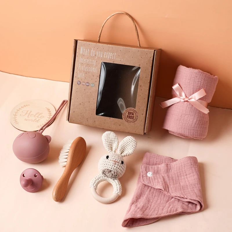 Baby Bath & Milestone Gift Set – Towel, Rattle, Pacifier & Cards