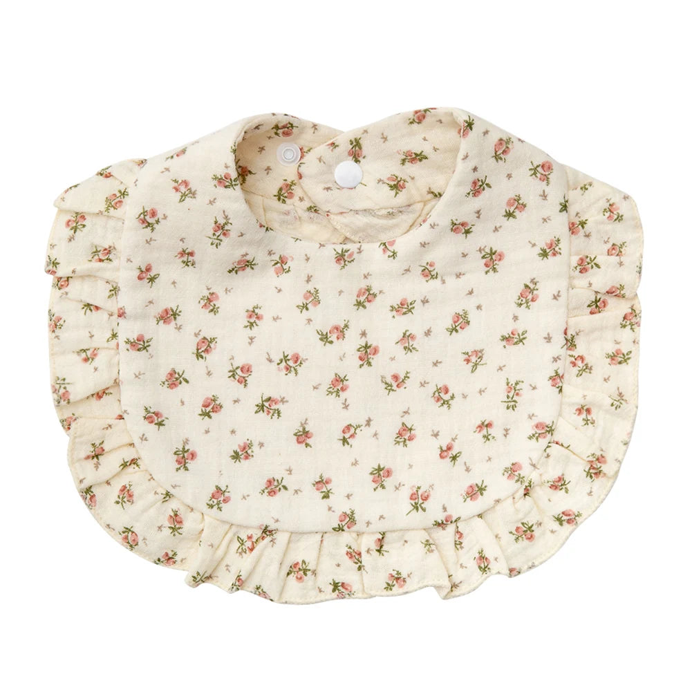 Bavoir bébé en coton à volants imprimé fleurs – Ajustable et doux
