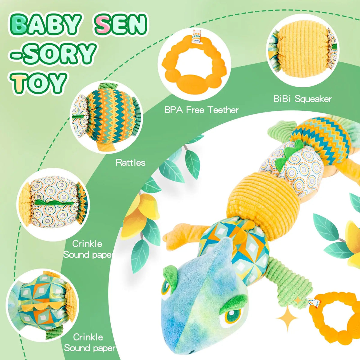 Peluche musicale pour bébé avec anneau de dentition à clochette.