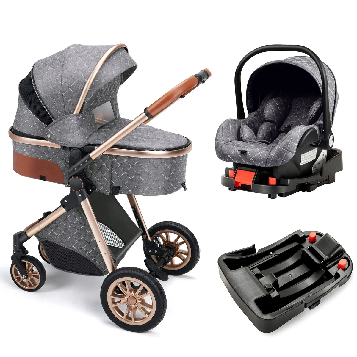 Poussette 3 en 1 à profil haut avec siège auto et fixation ISOFIX
