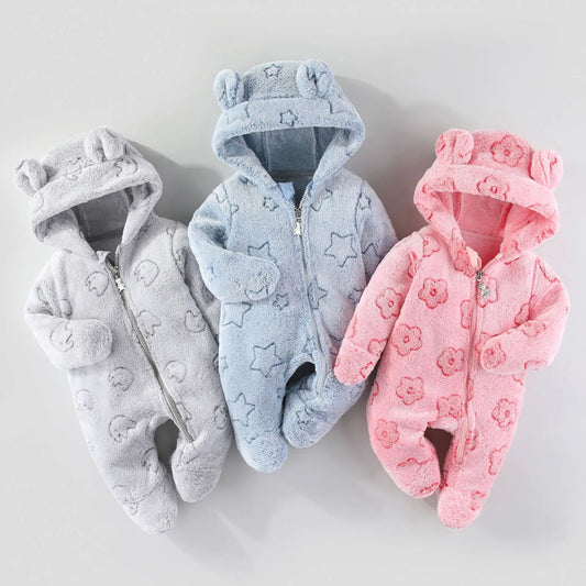 Autumn Winter Kids Boys Romper Star Jacquard Newborn Babys Girls Bodysuit Warm Velvet Hooded Zipper Infant Girls Jumpsuit Outfit