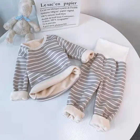 1Set Autumn Winter Kid Warm Velvet Underwear Set Babies Thickened High Waist Belly Protection Baby Casual Childrens Clothing Set