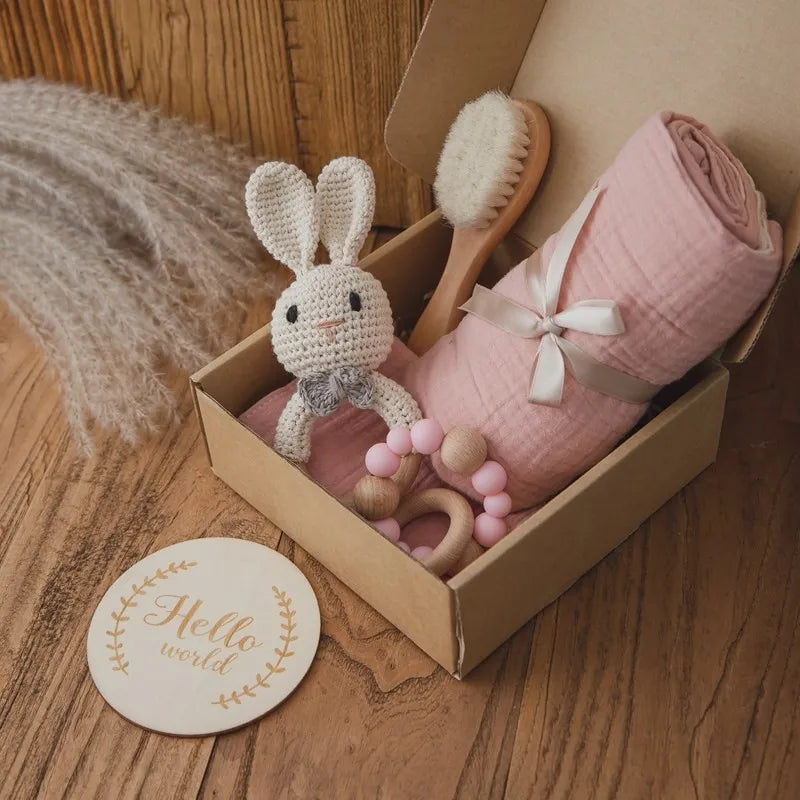 Newborn Bath Gift Set – Cotton Blanket, Milestone Cards & Rattle