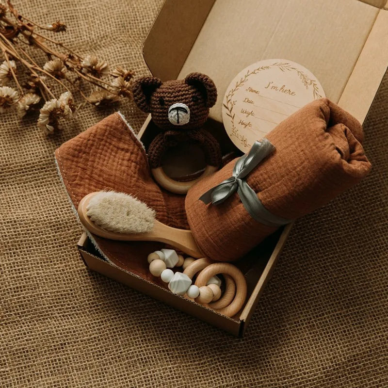 Newborn Bath Gift Set – Cotton Blanket, Milestone Cards & Rattle