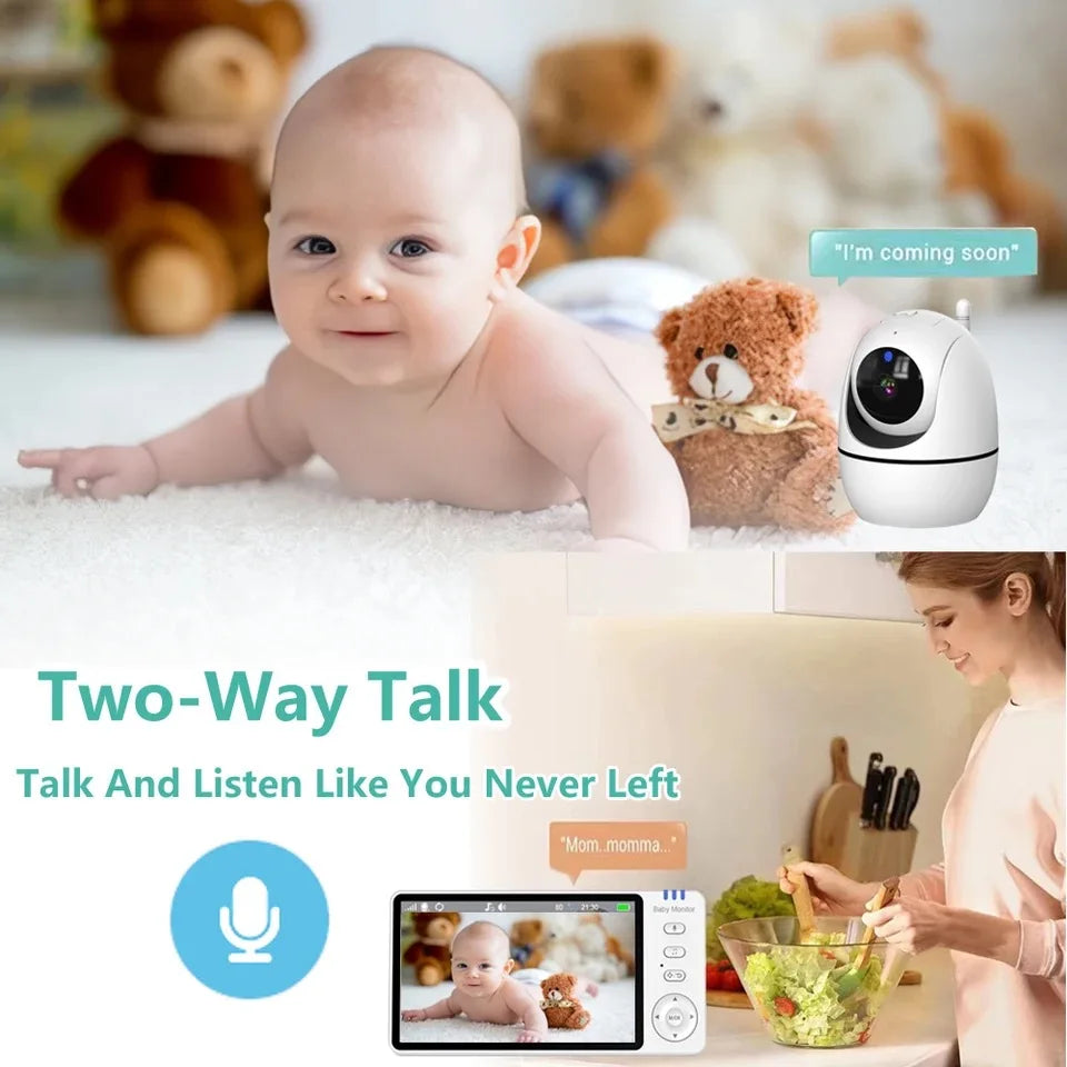 Babyphone avec caméra IPS 5 pouces, fonction panoramique et inclinaison, batterie 3500 mAh