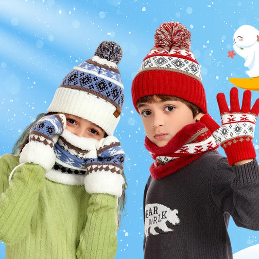 4pcs/Set Children's Knitted Hat Thick Warm Neck Scarf Gloves Mittens Outdoor Playing For Cold Weather Winter Necessearies