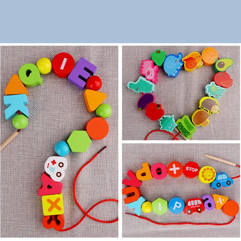 Montessori Wooden Bead Toy – Cartoon Fruit & Animal Stringing Game