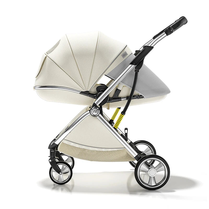 Luxury High-View Baby Stroller – Egg-Shaped Seat, One-Hand Recline, Compact Pram