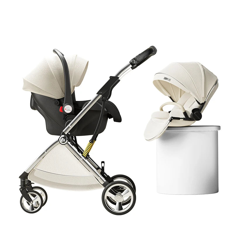 Luxury High-View Baby Stroller – Egg-Shaped Seat, One-Hand Recline, Compact Pram
