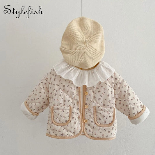 Autumn new style 0-3 years old baby clothes cute baby girl thick cotton clothes long sleeves all-match floral cardigan coat