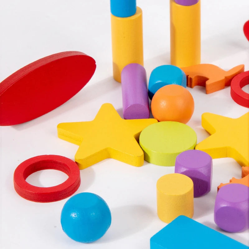 Montessori Wooden Stacking & Sorting Blocks – Balance & Shape Challenge Toy