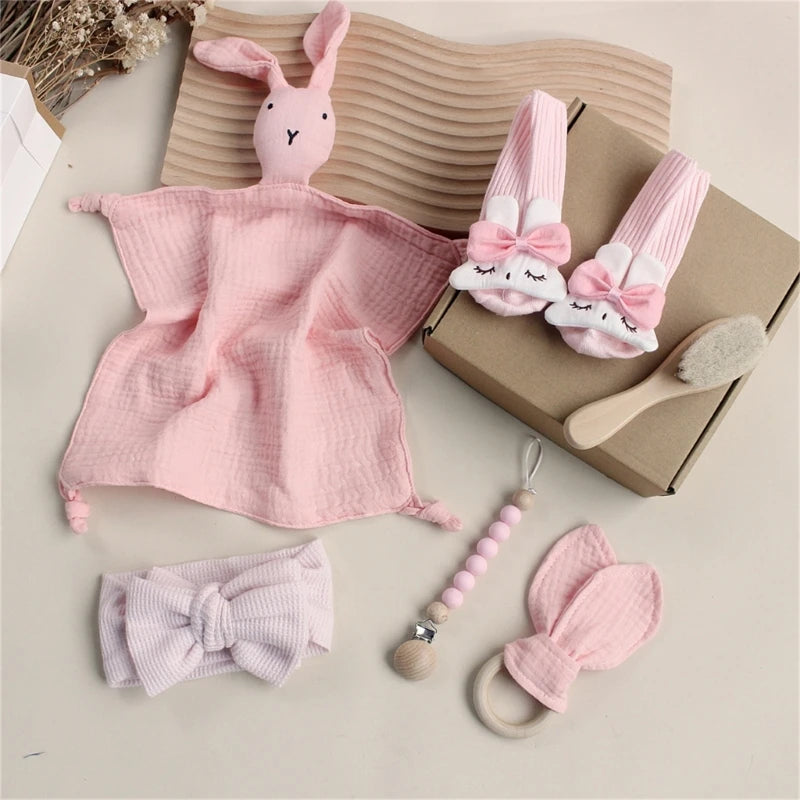 Newborn Baby Gift Set – Soft Cotton Towel, Rabbit Cuddle, Socks & Brush