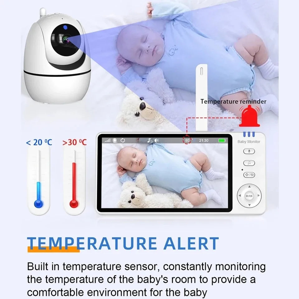 Babyphone avec caméra IPS 5 pouces, fonction panoramique et inclinaison, batterie 3500 mAh