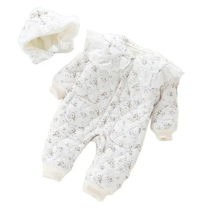 Ensemble 2 pièces pour bébé : barboteuse fleurie mignonne, combinaison rembourrée en polaire à motif losanges avec chapeau, vêtements d'extérieur épais pour tout-petit (0-2 ans).