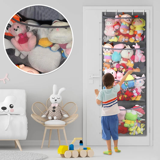 Over-the-Door Stuffed Animal Organizer – 4-Pocket Mesh Bag for Plush Toys