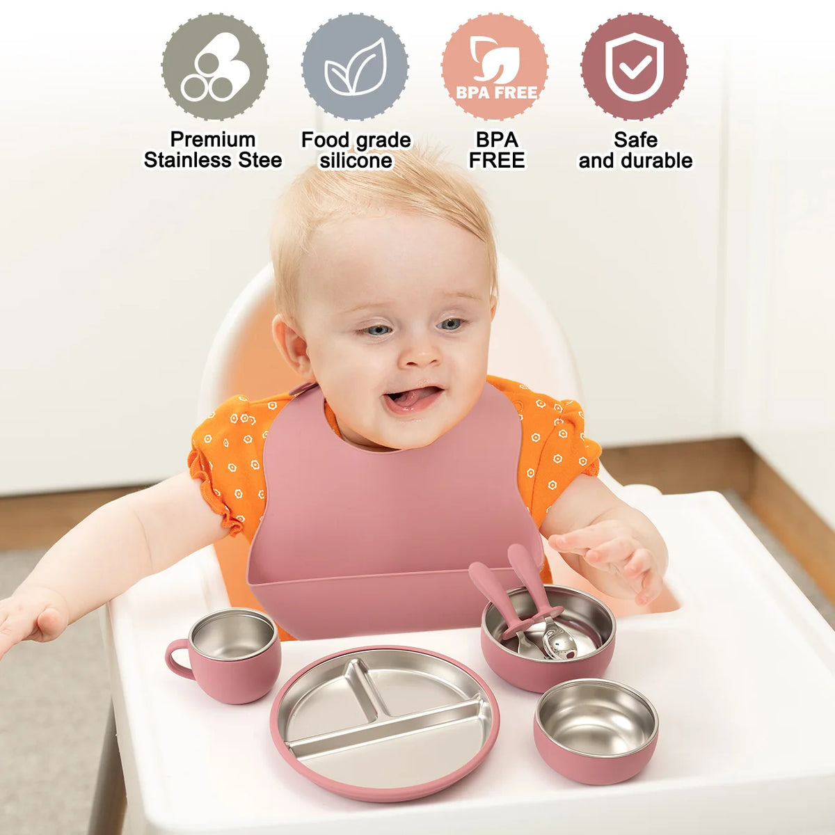 Ensemble d'alimentation pour bébé 7 pièces – Vaisselle en acier inoxydable et silicone