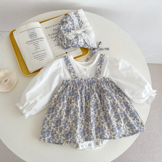 Autumn Baby Girl Outfit – Small Floral Princess Fake Two-Piece Triangle Set (0–3Y)