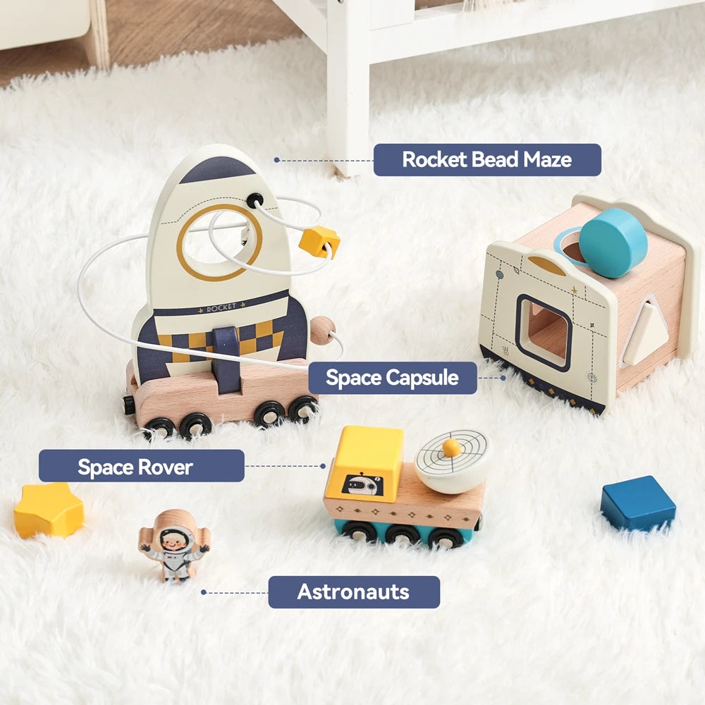 Montessori Wooden Space Set – Astronaut & Rocket Stacking Puzzle for Kids