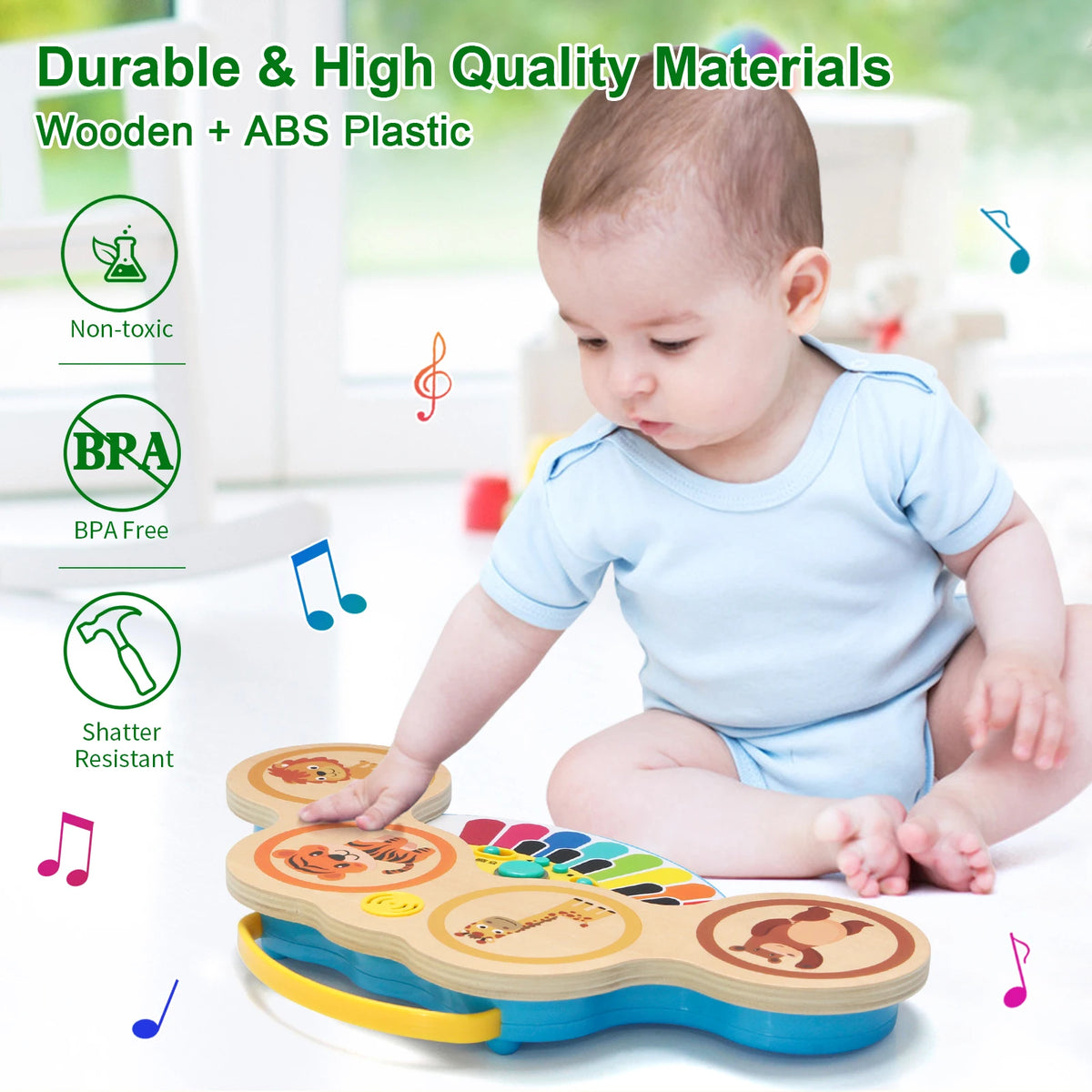 Piano et batterie en bois 2 en 1 – Lumières et musique pour s'amuser !