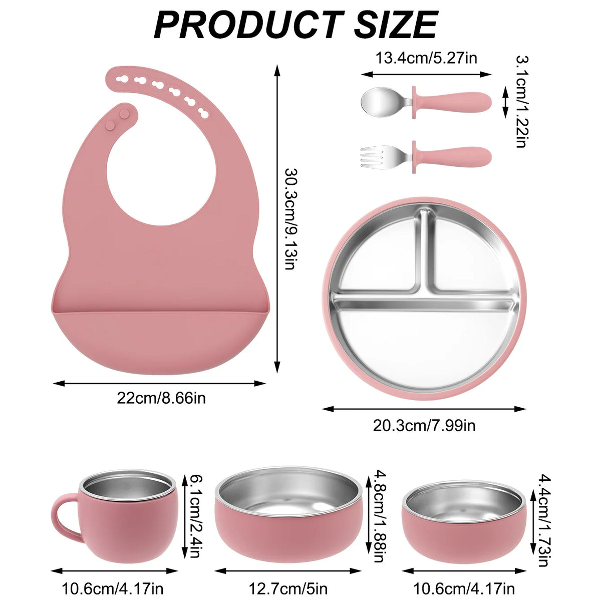 Ensemble d'alimentation pour bébé 7 pièces – Vaisselle en acier inoxydable et silicone