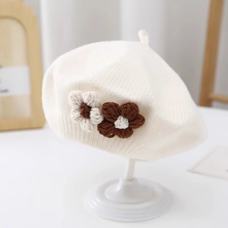Cute Baby Girl Knitted Beret Hat with Small Flower