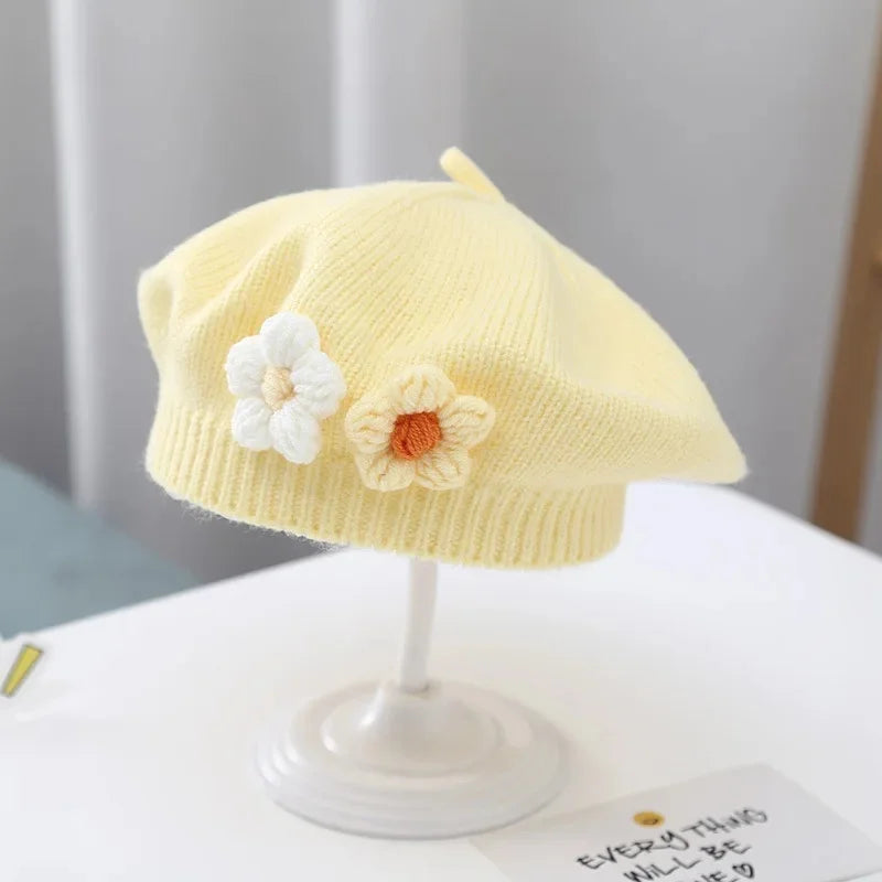 Cute Baby Girl Knitted Beret Hat with Small Flower