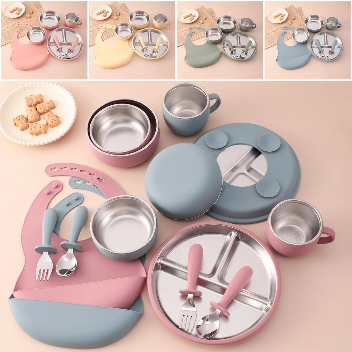Ensemble d'alimentation pour bébé 7 pièces – Vaisselle en acier inoxydable et silicone