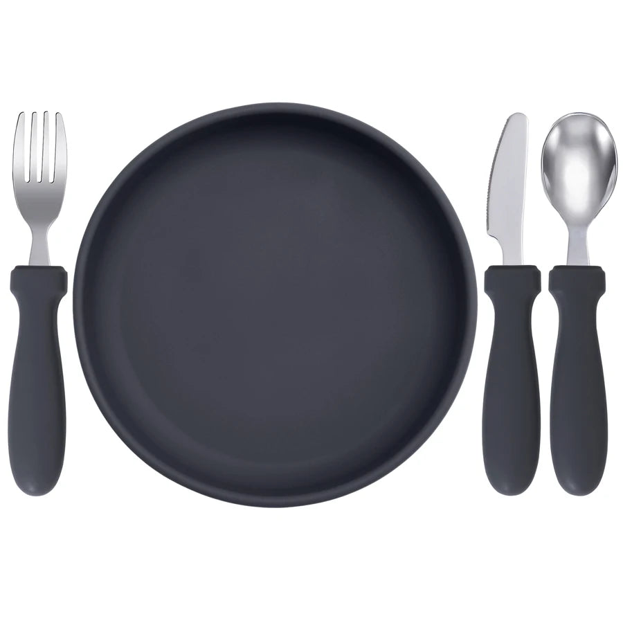 Ensemble d'alimentation pour bébé – Assiette, cuillère et fourchette en silicone