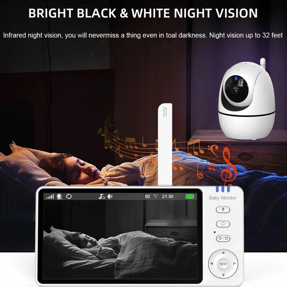 Babyphone avec caméra IPS 5 pouces, fonction panoramique et inclinaison, batterie 3500 mAh
