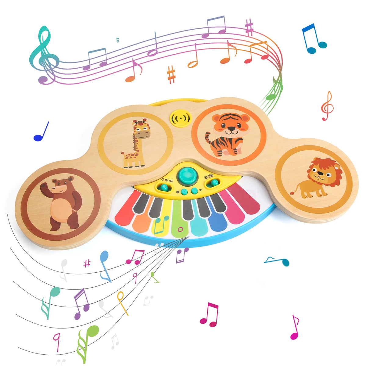 Piano et batterie en bois 2 en 1 – Lumières et musique pour s'amuser !