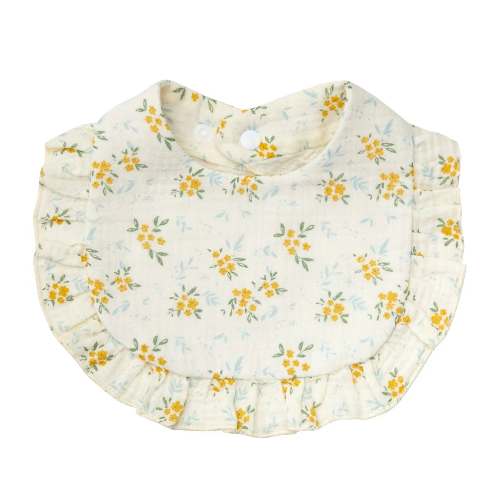 Bavoir bébé en coton à volants imprimé fleurs – Ajustable et doux