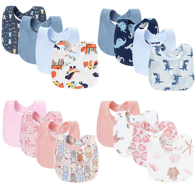Ensemble de 4 bavoirs bébé en coton double épaisseur – Mignons et doux