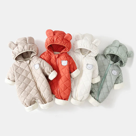 Autumn Winter Kids Boys Rompers Cotton Padded Bear Printed Thicken Newborn Boys Bodysuits Warm Argyle Hooded Infant Boy Jumpsuit