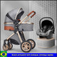 Poussette bébé 3 en 1 de luxe à grand débattement – ​​Position assise et allongée