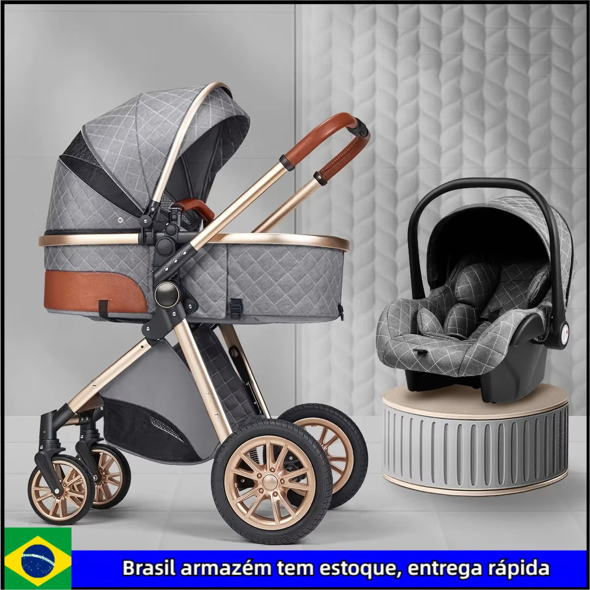 Poussette bébé 3 en 1 de luxe à grand débattement – ​​Position assise et allongée