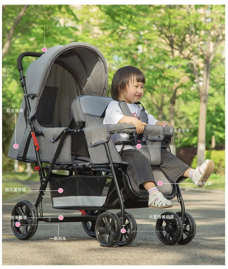 Poussette double multifonctionnelle pour jumeaux – Poussette double légère et pliable, à quatre roues
