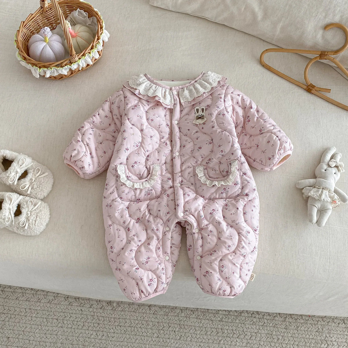 Newborn Girls’ Padded Romper with Ruffled Collar