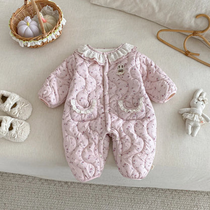 Newborn Girls’ Padded Romper with Ruffled Collar
