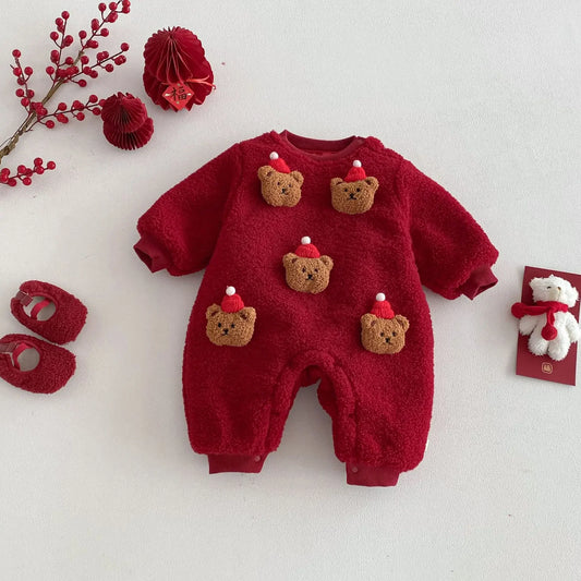 Combinaison rouge pour nouveau-né 2025, motif ours mignon, grenouillère en polaire épaisse, tenue de fête pour bébé 0-2 ans, vêtements chauds d'hiver