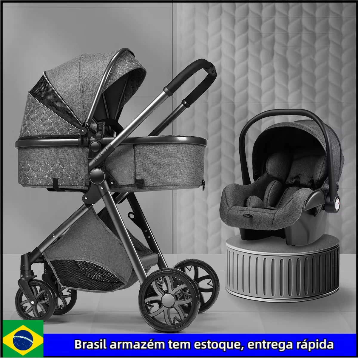 Poussette bébé 3 en 1 de luxe à grand débattement – ​​Position assise et allongée