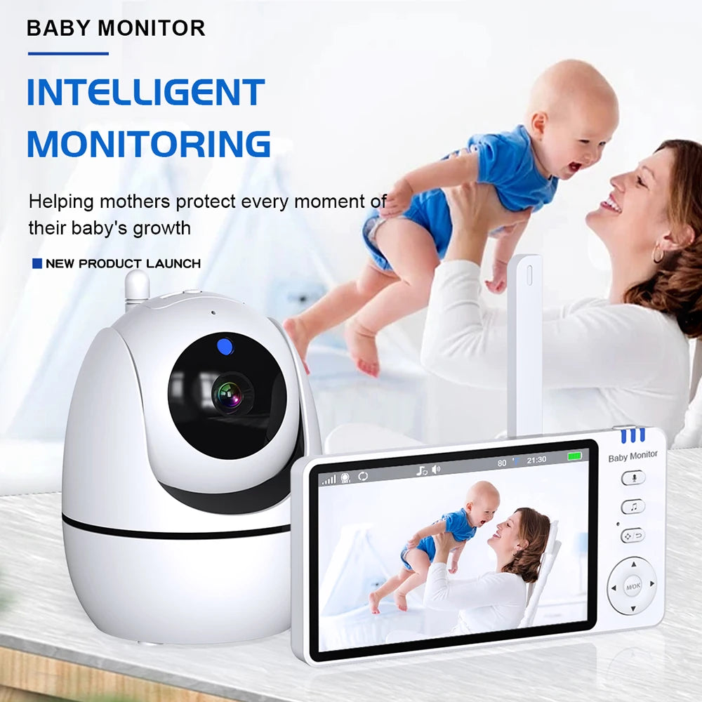 Babyphone avec caméra IPS 5 pouces, fonction panoramique et inclinaison, batterie 3500 mAh