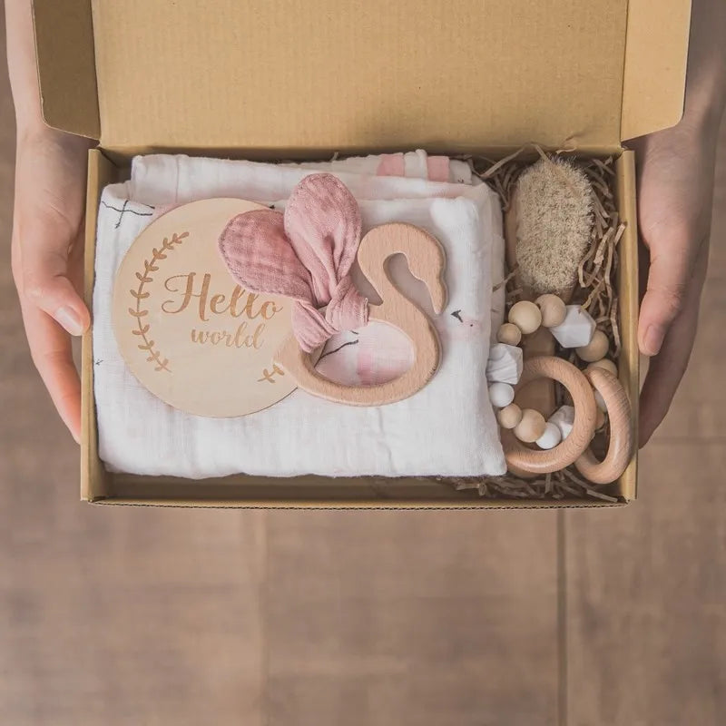 Newborn Bath Gift Set – Cotton Blanket, Milestone Cards & Rattle