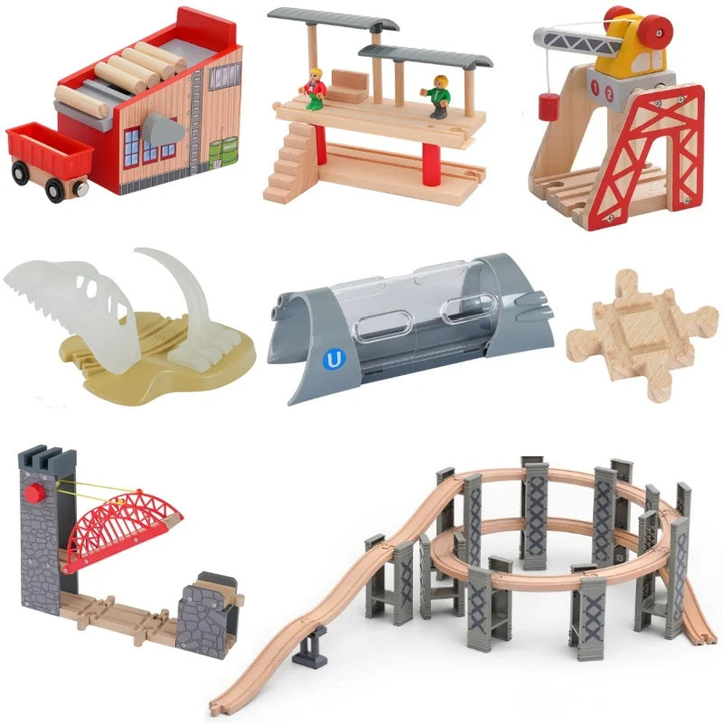 Wooden Train Track Set – Racing, Bridges & Tunnel Accessories Toy