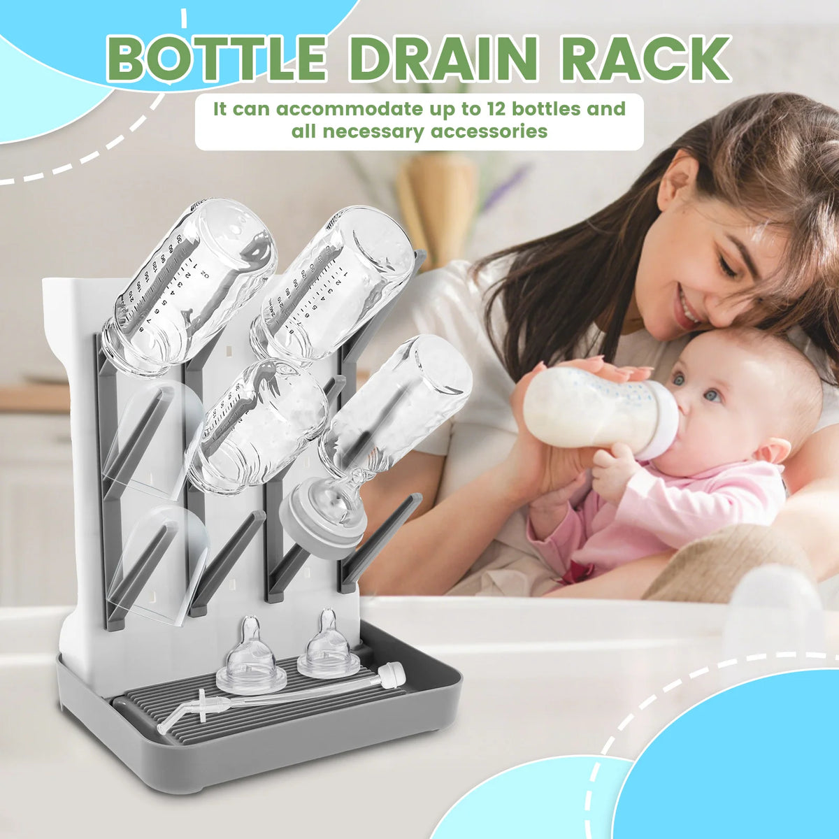 Baby Bottle Holder & Drainer – Bottle Drying Rack with Drip Tray