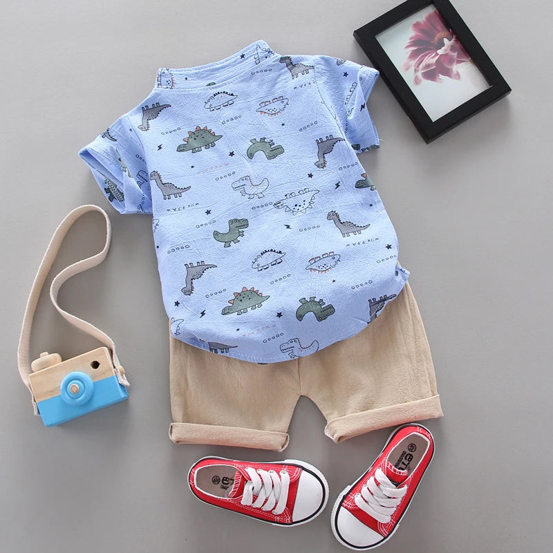 Kids’ Summer Outfit – Dinosaur Print Short-Sleeve Shirt & Shorts Set