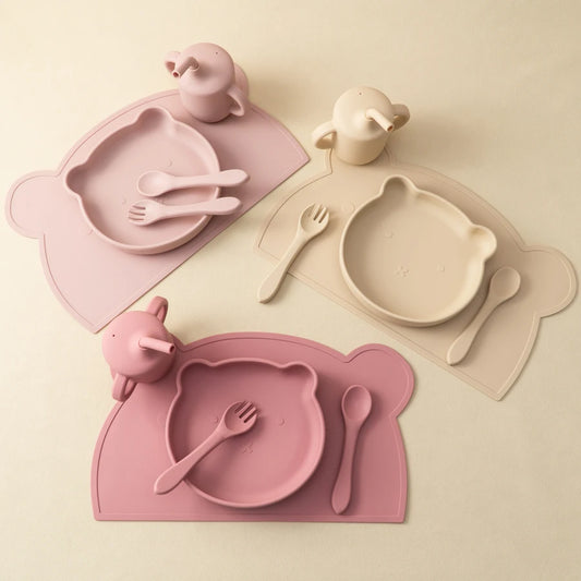 5PCS Baby Silicone Feeding Set – Plate, Spoon, Fork & Cup
