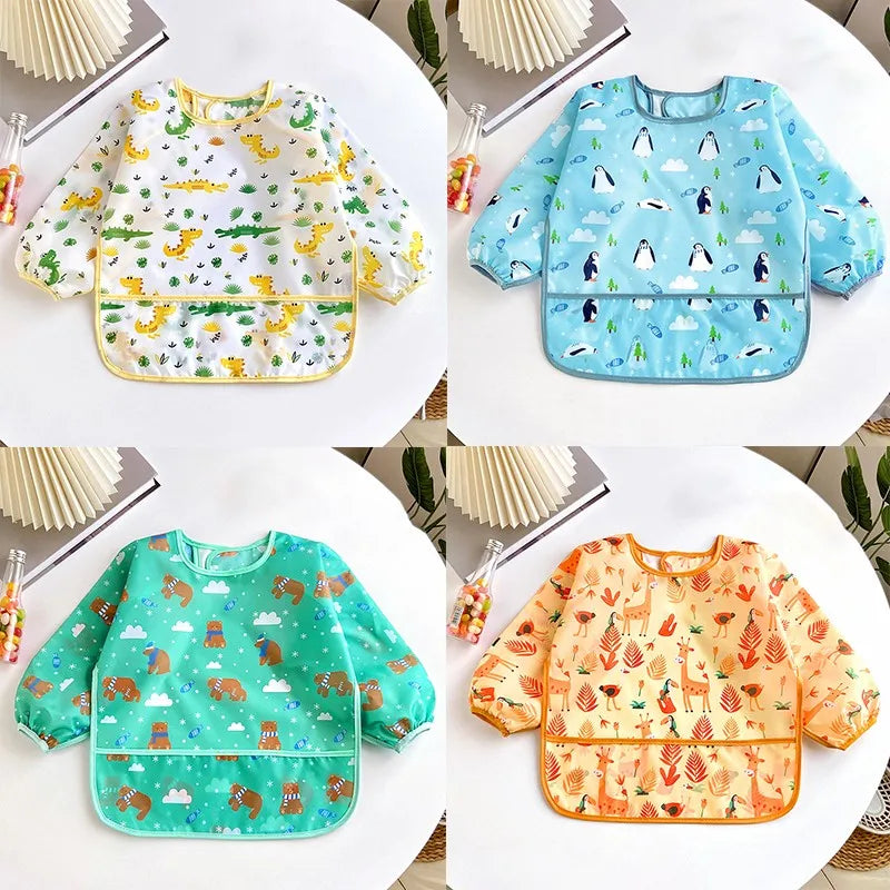 Cute Cartoon Waterproof Long-Sleeve Baby Feeding Bib (0–3Y)