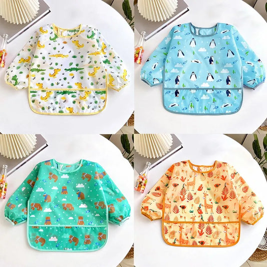 Cute Cartoon Waterproof Long-Sleeve Baby Feeding Bib (0–3Y)